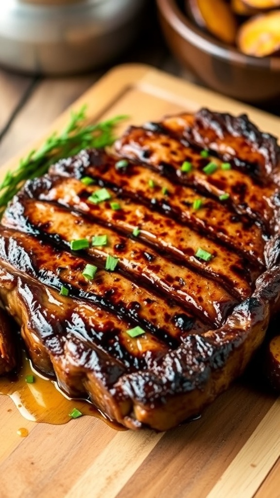 A grilled steak with sear marks on a cutting board, garnished with herbs, alongside roasted vegetables.